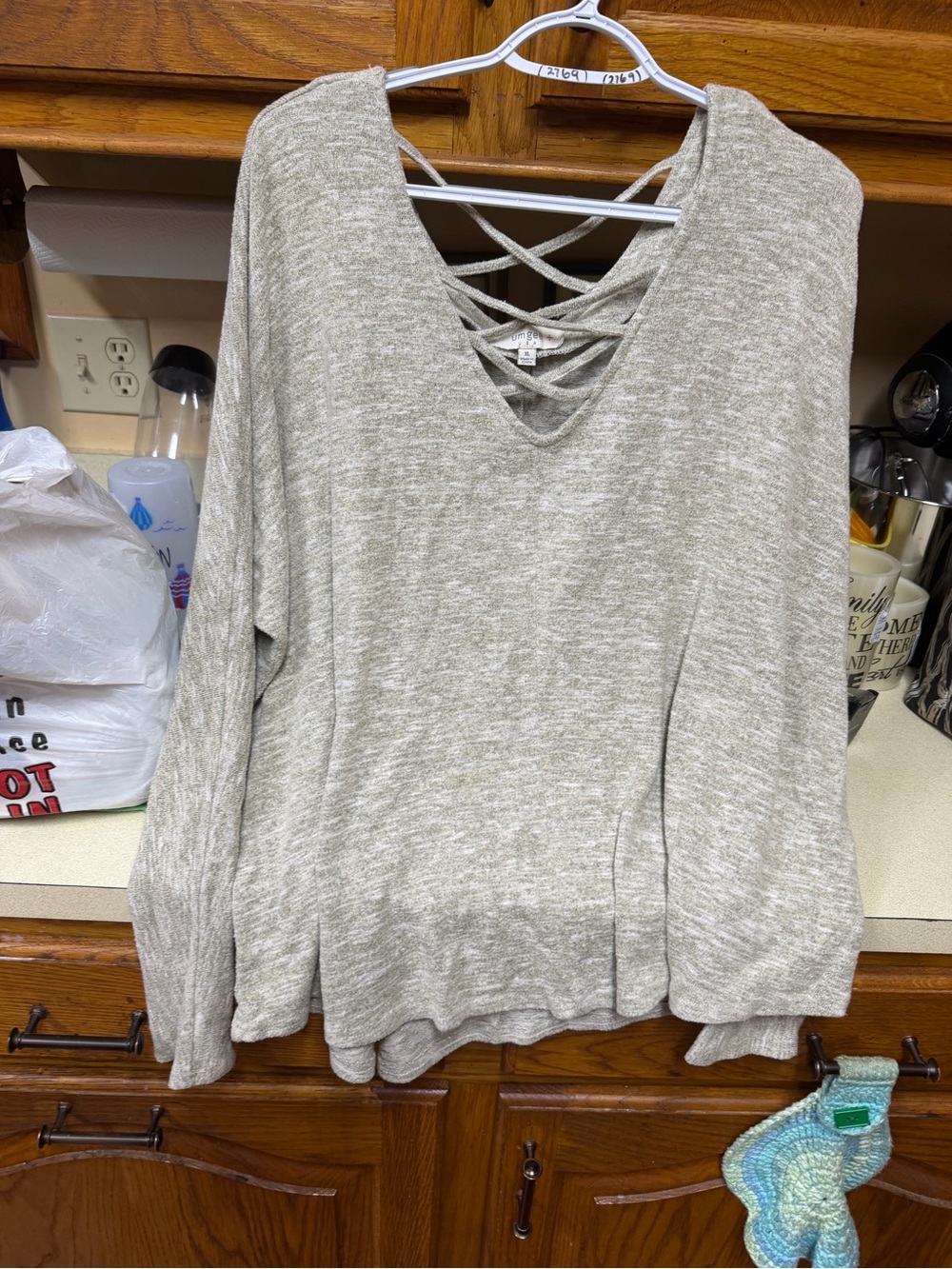 Umgee Crisscross V-Neck Lightweight Sweatshirt - Light Heather Taupe